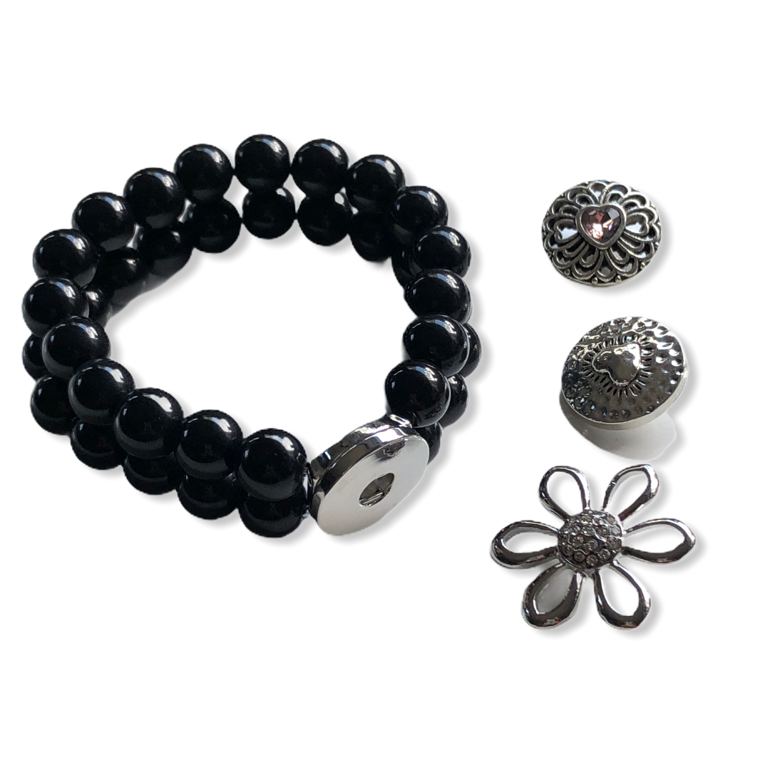 Armband dubbel kralen clicks /buttons zwart incl. 2 gratis buttons