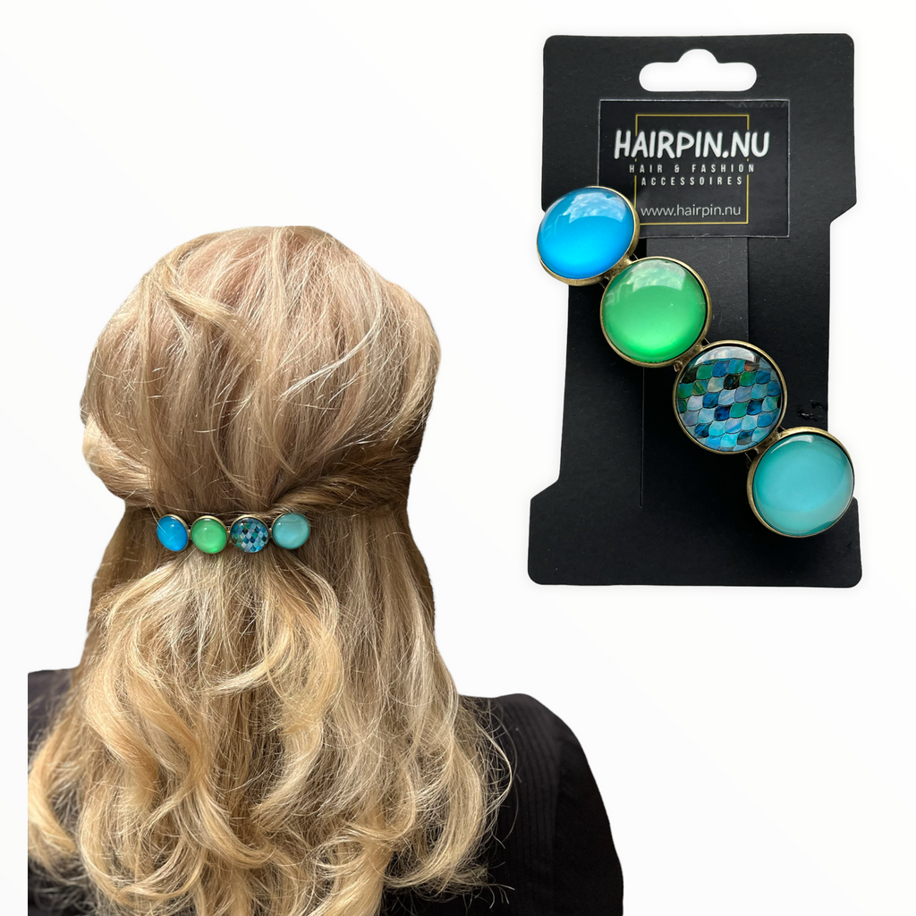 Color Hairclip XL glas cabochon haarspeld blauw groen print 0119 - HAIRPIN.NU