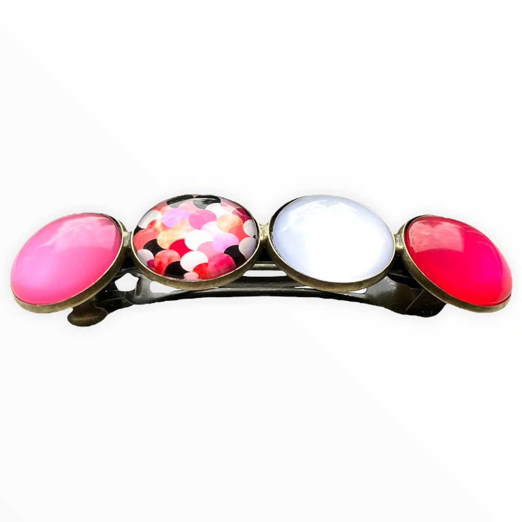 Color Hairclip XL glas cabochon haarspeld roze wit print 0124 - HAIRPIN.NU