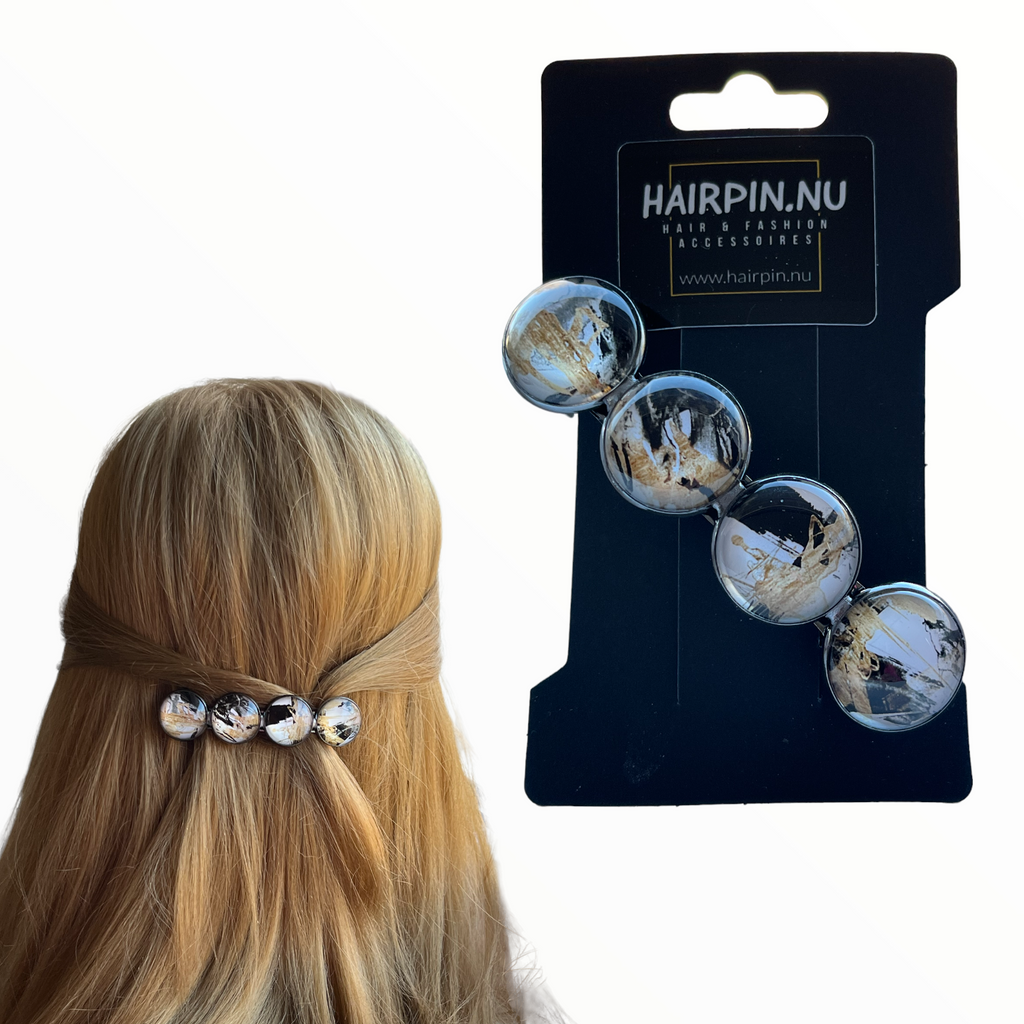 Color Hairclip XL glas cabochon haarspeld zwart-goud-wit 0130 - HAIRPIN.NU