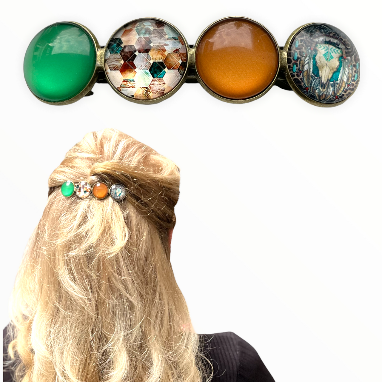 haarspeld-hairclip-bruin-groen-print-cabochon-haaraccessoire-haarsieraad