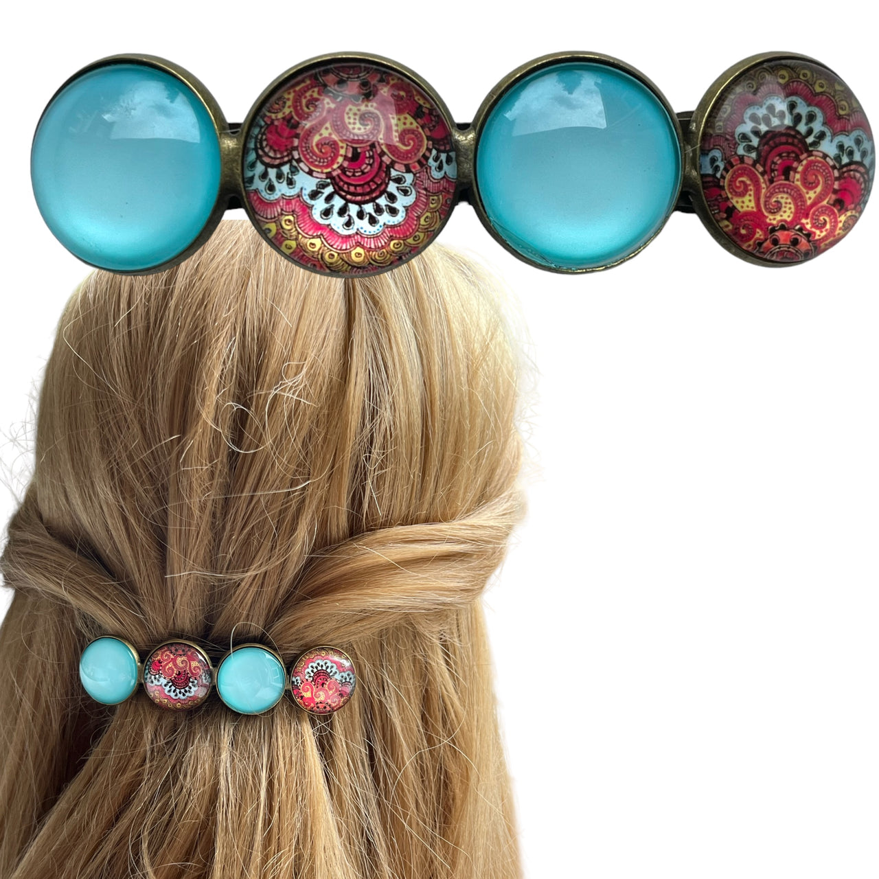 Hairclip XL glas cabochon haarspeld ibiza turquoise print 0159