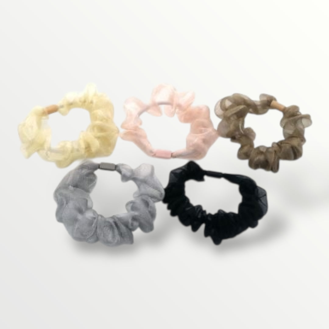 scrunchies organza haarelastiek beige roze grijs zwart