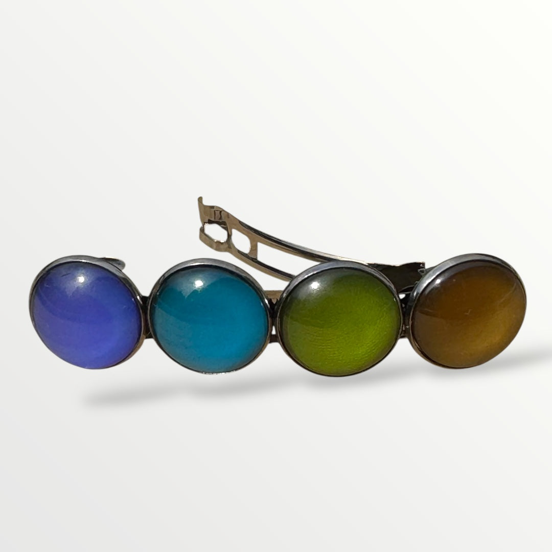 Close-up van de Color Hairclip XL met paars, blauw, olijf en bruin – handgemaakte haarspeld met cabochon details