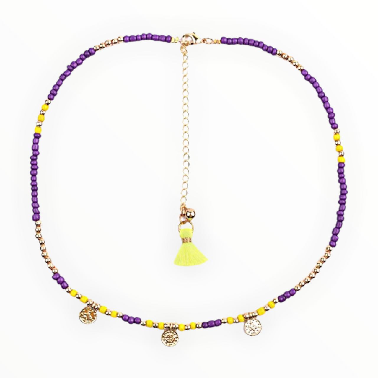 Boho Facet glas beads gold-purple-yellow korte ketting met kraaltjes