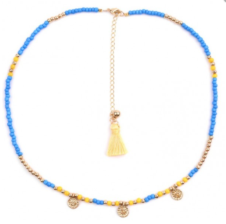 Boho Facet glas beads gold-yellow-blue korte ketting met kraaltjes