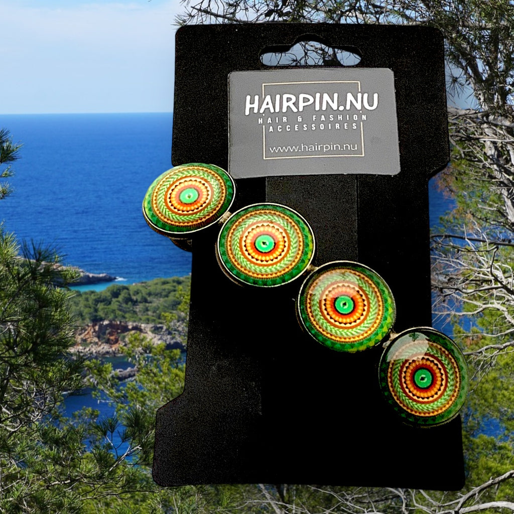 Hairclip XL glas cabochon haarspeld mandala bohemian ibiza boho groen oranje print 0149 - HAIRPIN.NU