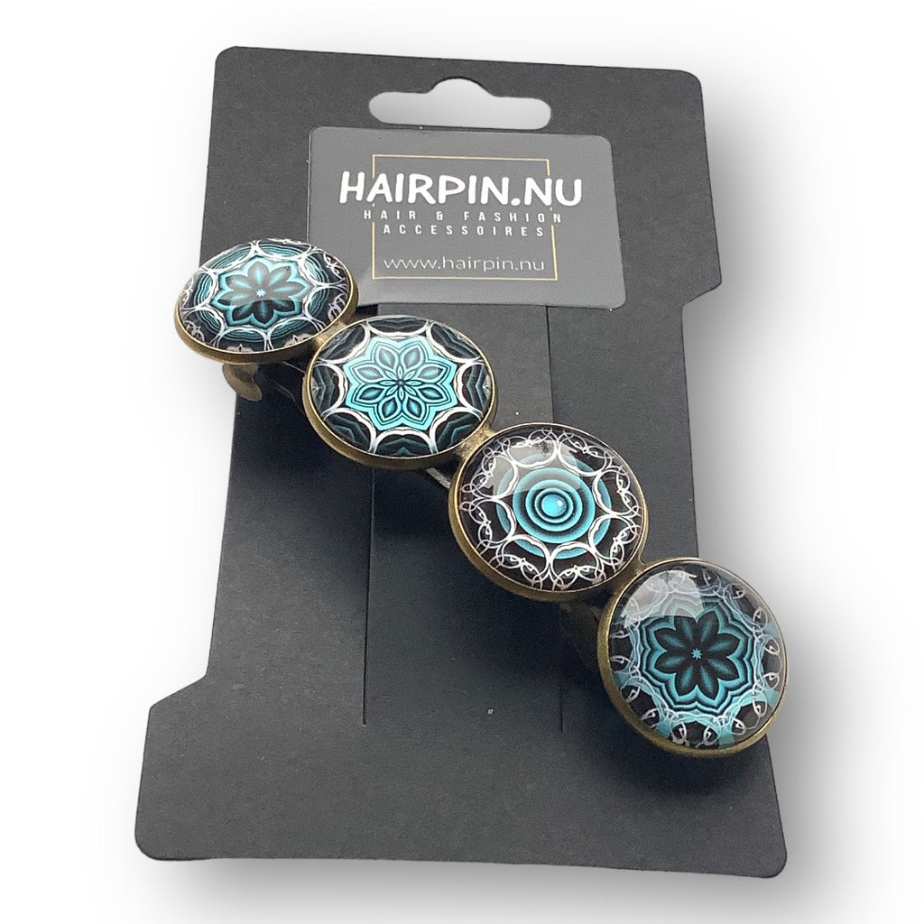 Hairclip XL glas cabochon haarspeld bohemian ibiza boho zeeblauw print 0153 - HAIRPIN.NU