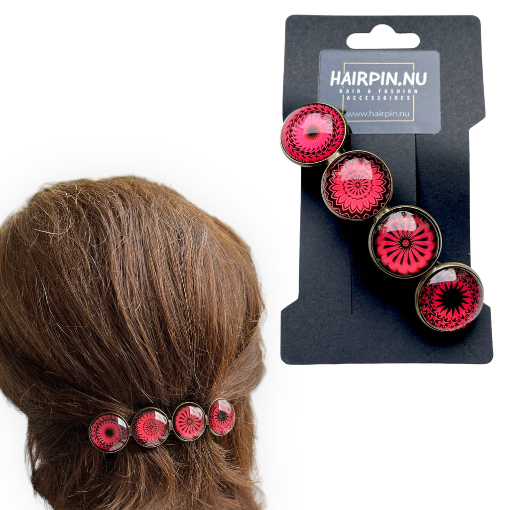 Hairclip XL glas cabochon haarspeld bohemian ibiza boho zwart rood print 0154 - HAIRPIN.NU