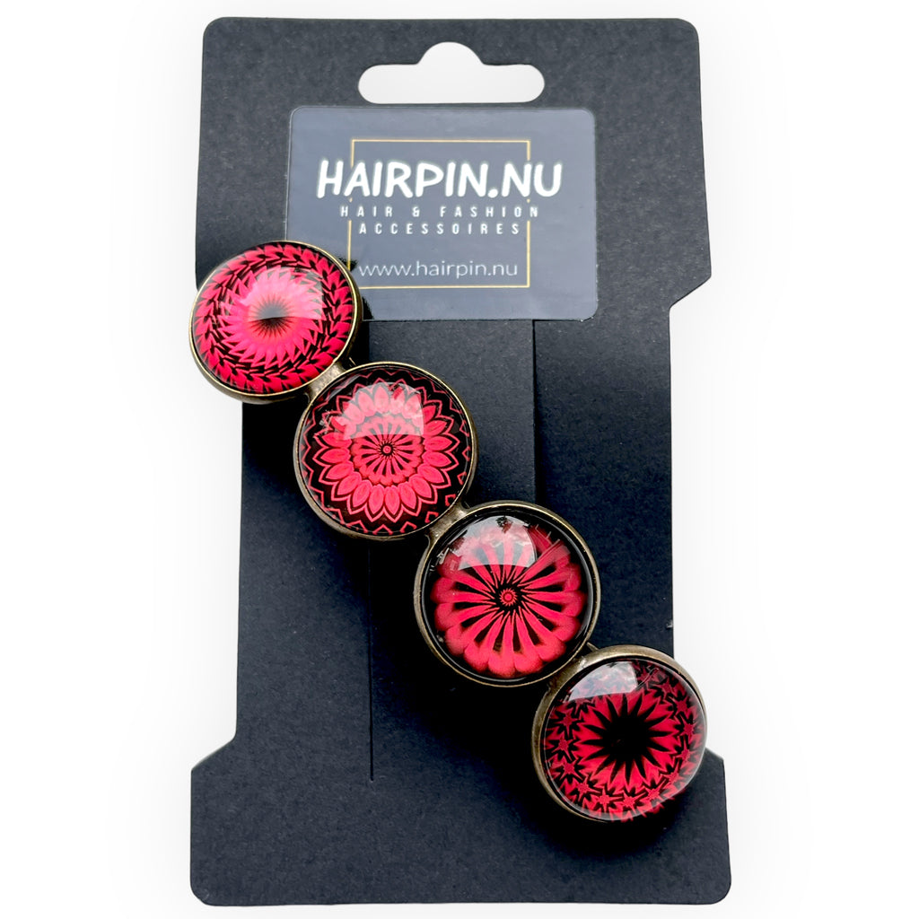 Hairclip XL glas cabochon haarspeld bohemian ibiza boho zwart rood print 0154 - HAIRPIN.NU