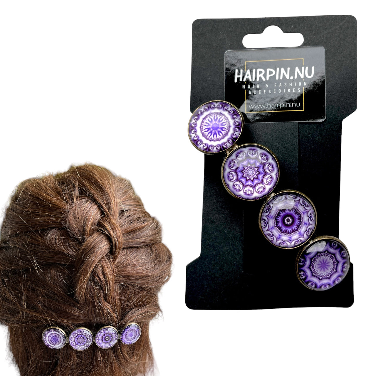 Hairclip XL glas cabochon haarspeld bohemian ibiza boho paars lila print 0155 - HAIRPIN.NU