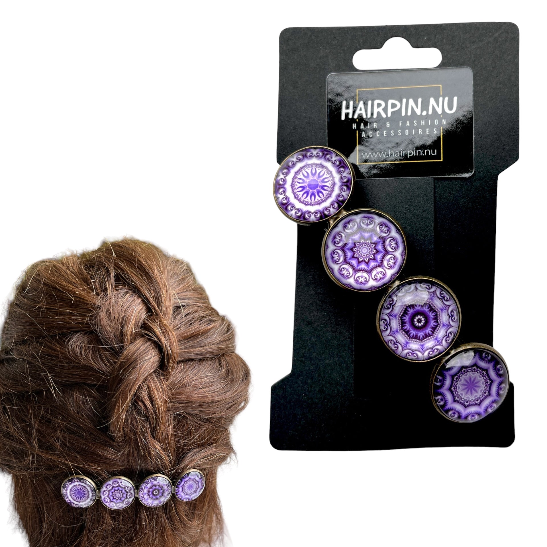 Hairclip XL glas cabochon haarspeld bohemian ibiza boho paars lila print 0155 - HAIRPIN.NU