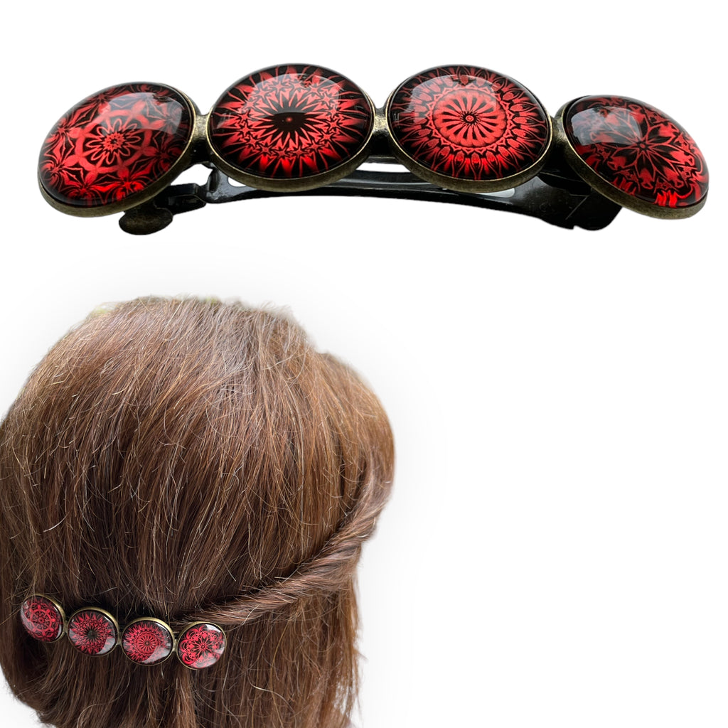 Hairclip XL glas cabochon haarspeld bohemian ibiza boho rood zwartprint 0157 - HAIRPIN.NU