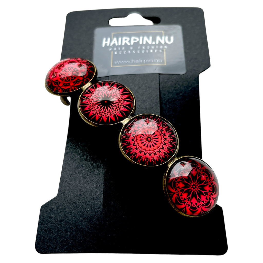 Hairclip XL glas cabochon haarspeld bohemian ibiza boho rood zwartprint 0157 - HAIRPIN.NU