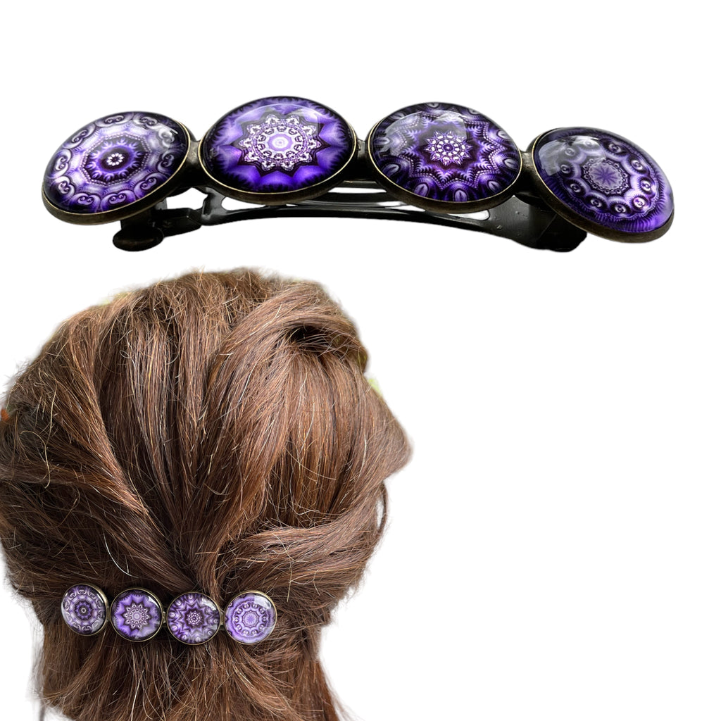 Hairclip XL glas cabochon haarspeld bohemian ibiza boho paars lila print 0158 - HAIRPIN.NU
