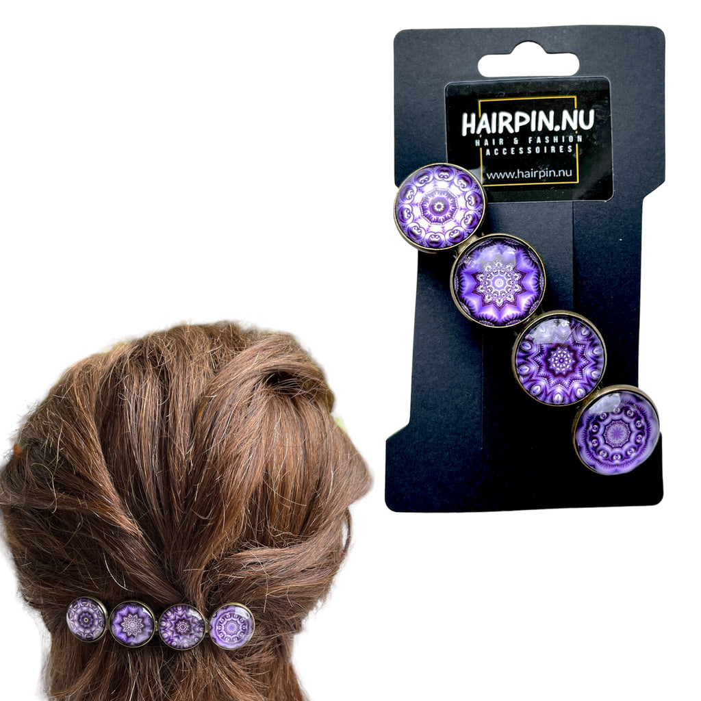 Hairclip XL glas cabochon haarspeld bohemian ibiza boho paars lila print 0158 - HAIRPIN.NU
