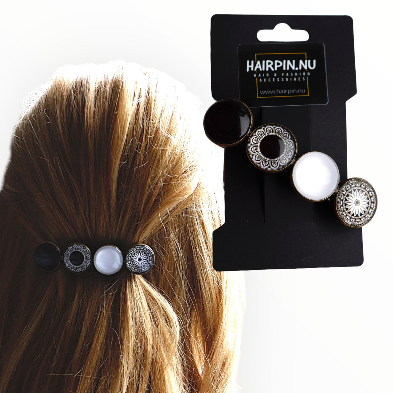 Hairclip XL glas cabochon haarspeld zwart-wit print 0171