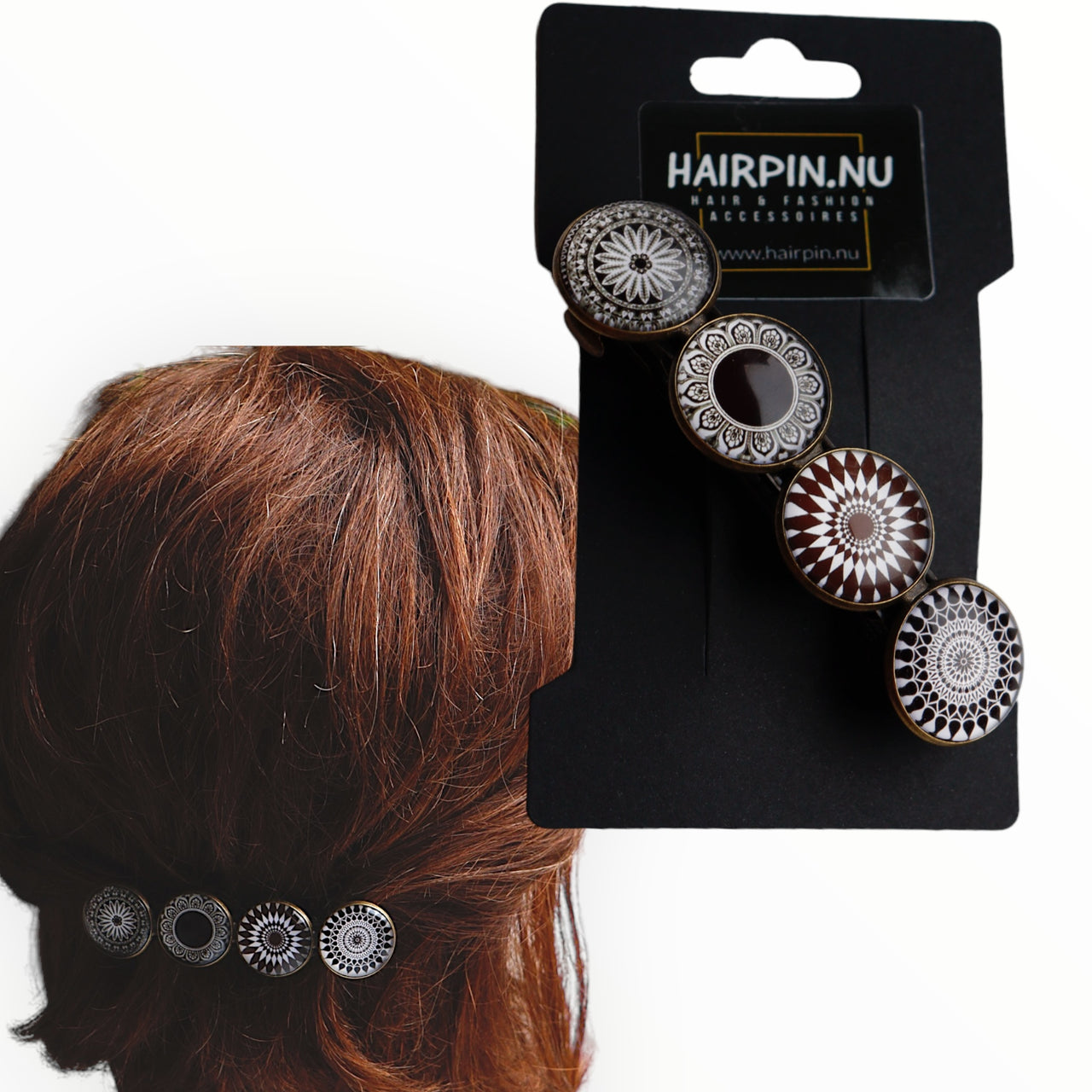 Hairclip XL glas cabochon haarspeld zwart-wit print 0172