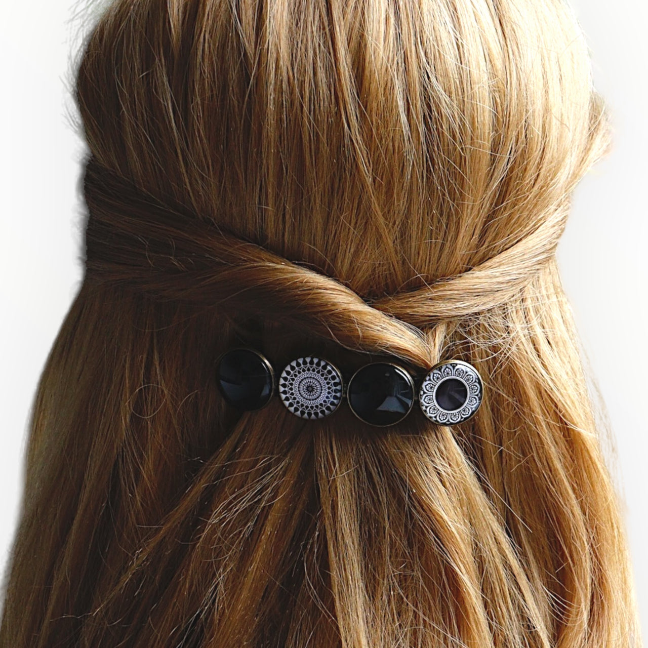 Hairclip XL glas cabochon haarspeld zwart-wit print 0174