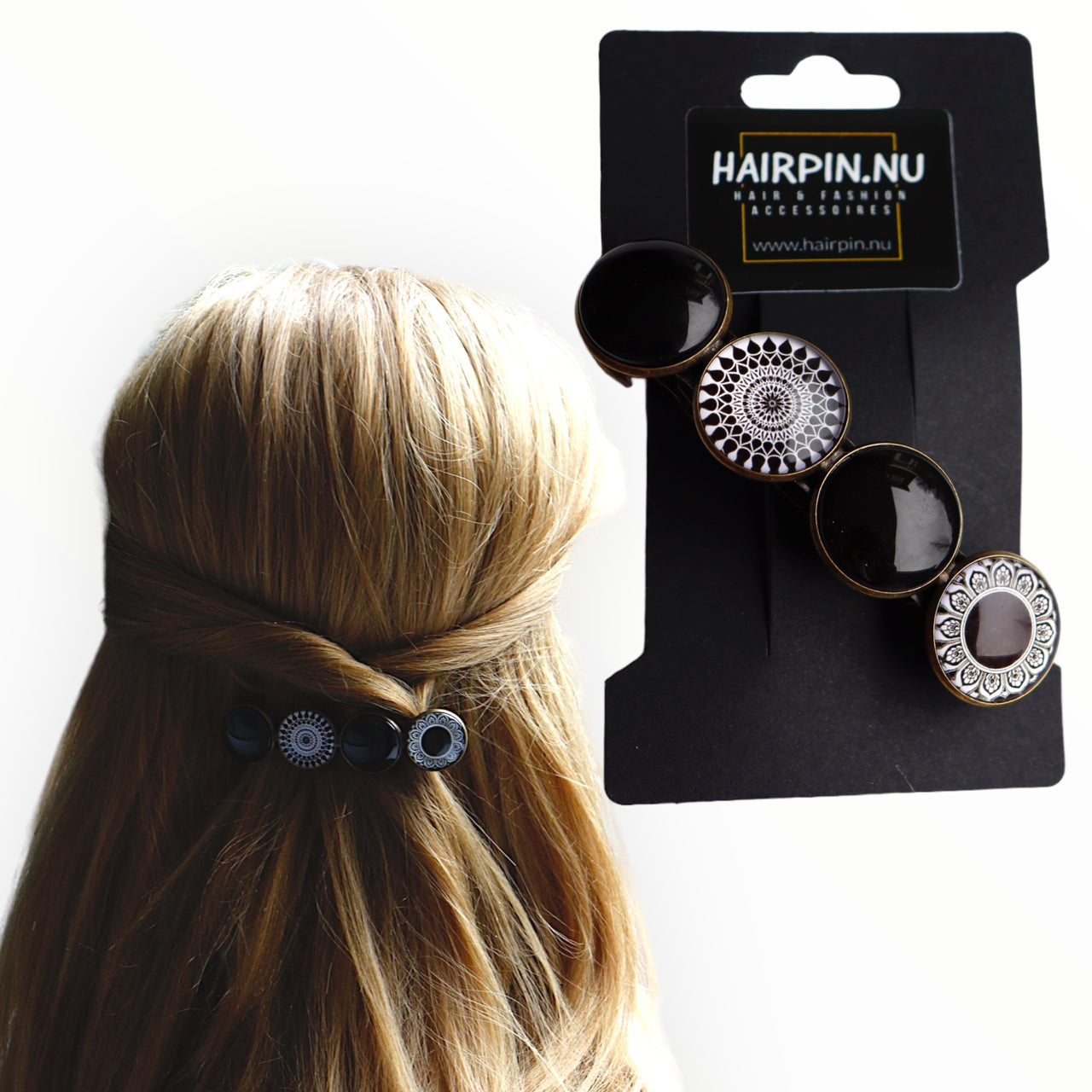 Hairclip XL glas cabochon haarspeld zwart-wit print 0174