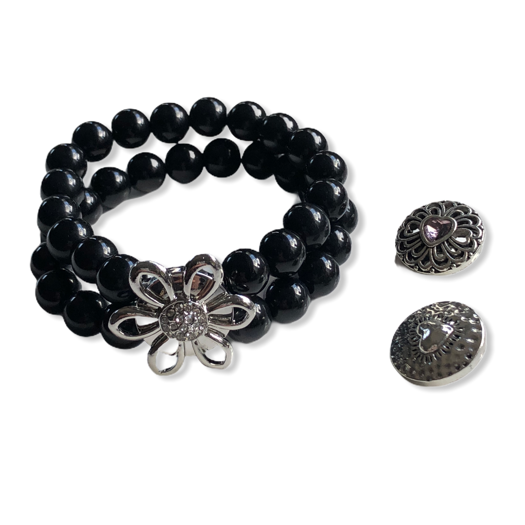 Armband dubbel kralen clicks /buttons zwart incl. 2 gratis buttons