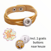 Armband geel clicks /buttons incl. 2 gratis buttons naar keuze