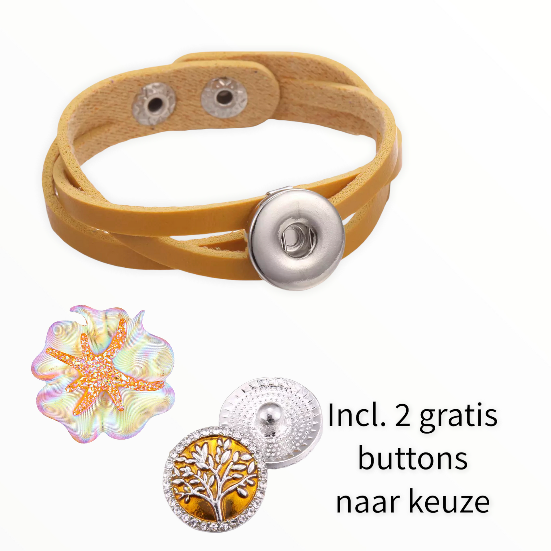 Armband geel clicks /buttons incl. 2 gratis buttons naar keuze