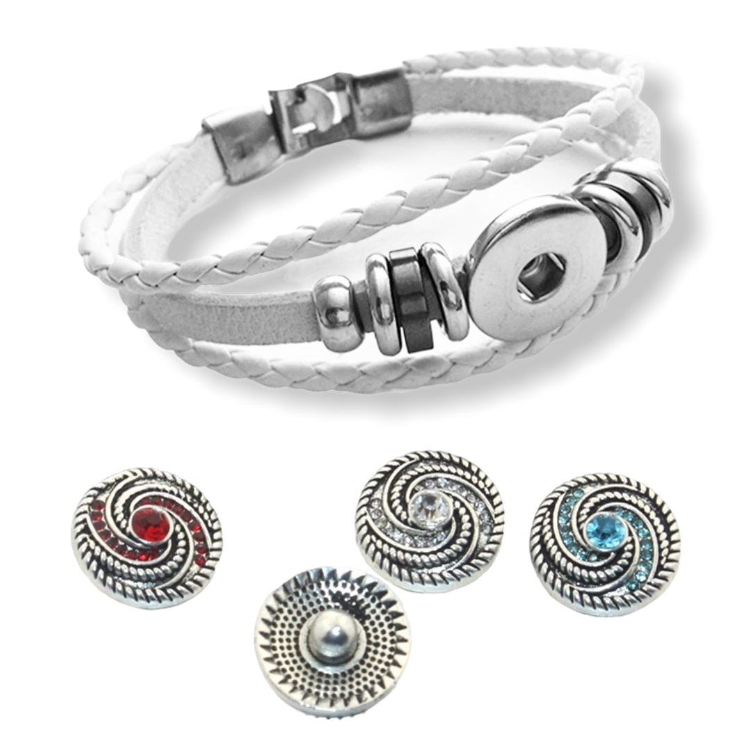 Armband leer wit clicks /buttons incl. 2 gratis buttons naar keuze