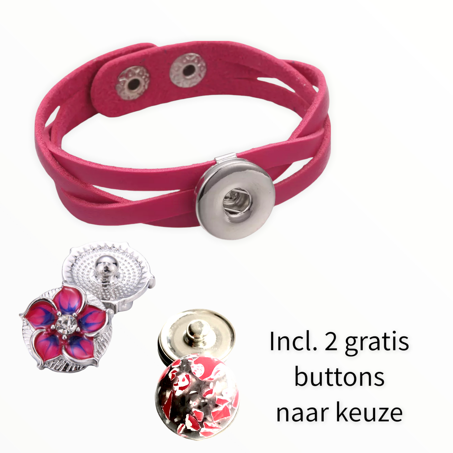 Armband roze clicks /buttons incl. 2 gratis buttons naar keuze
