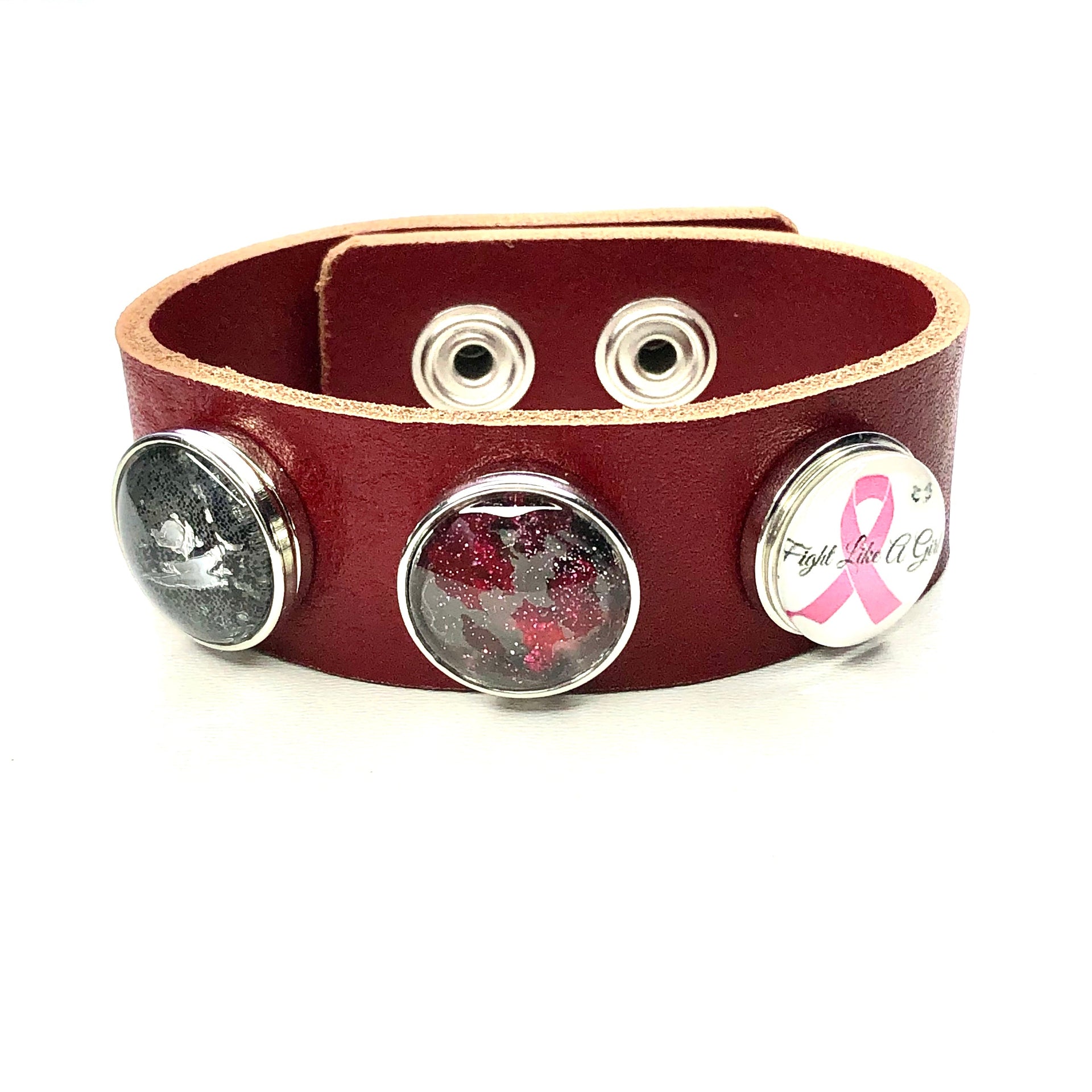 Armband voor click buttons - leder trio rood
