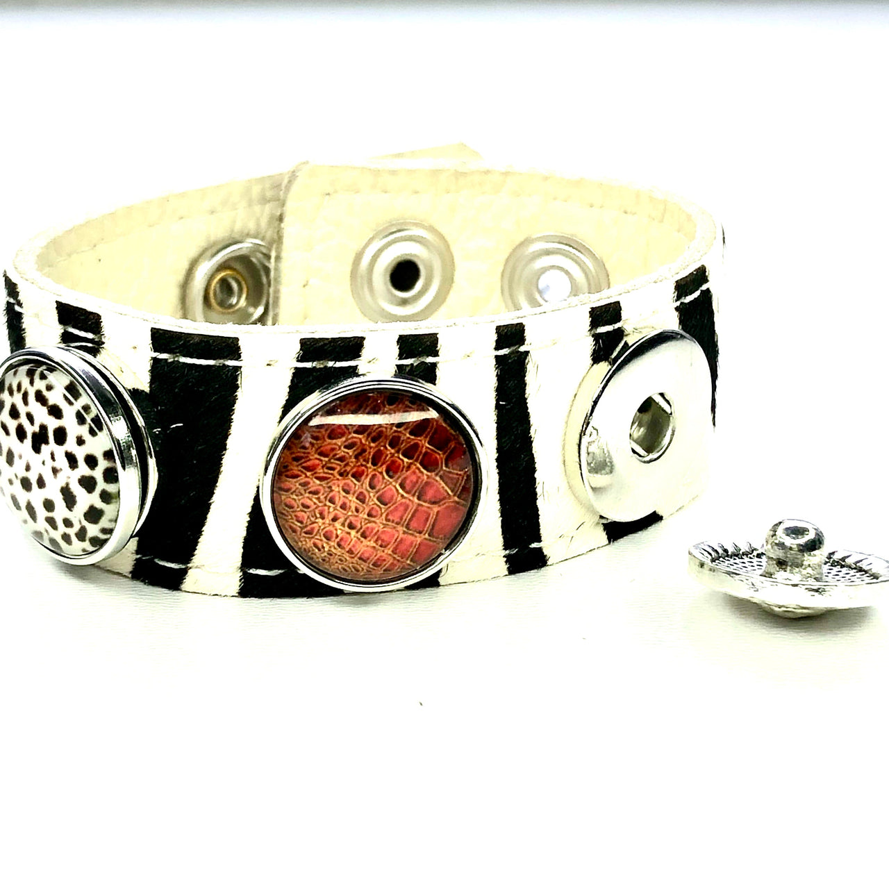 Armband voor click buttons - leder trio zebra
