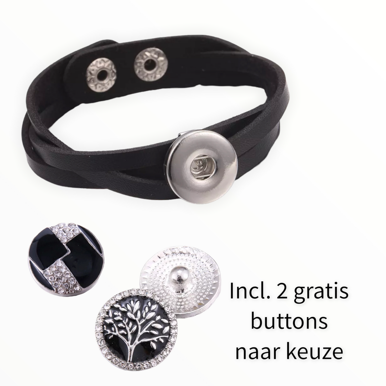Armband zwart clicks /buttons incl. 2 gratis buttons naar keuze