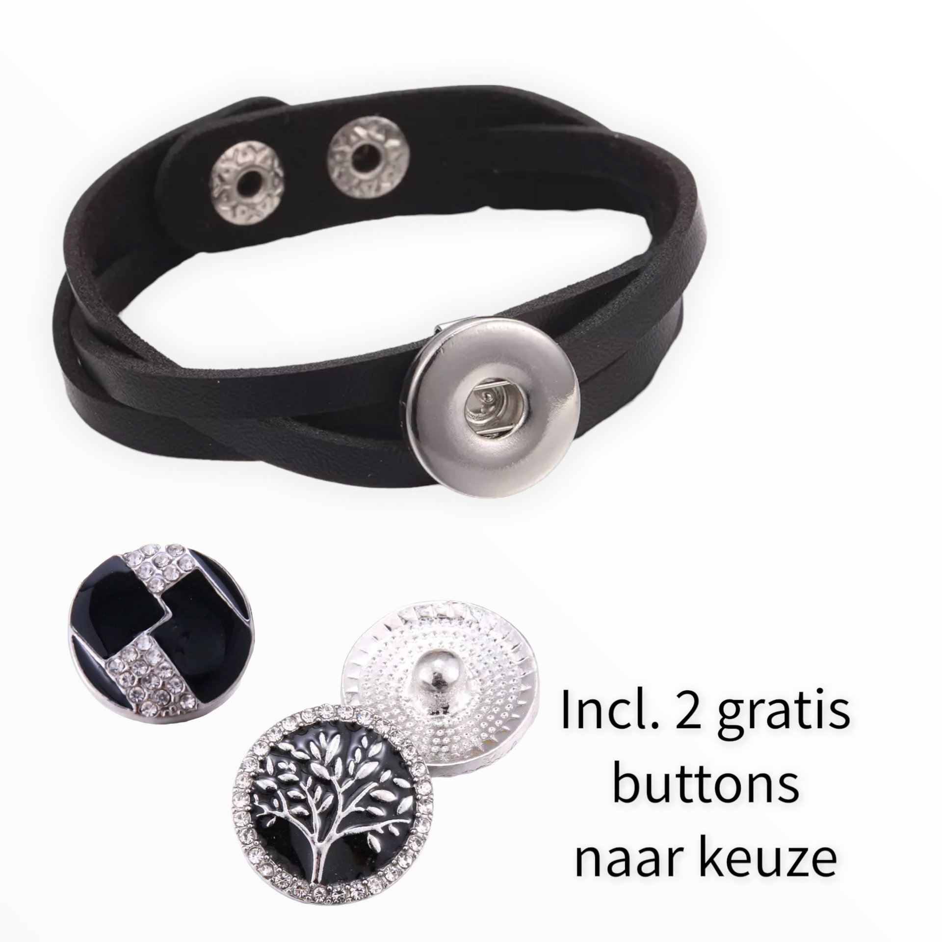 Armband zwart clicks /buttons incl. 2 gratis buttons naar keuze