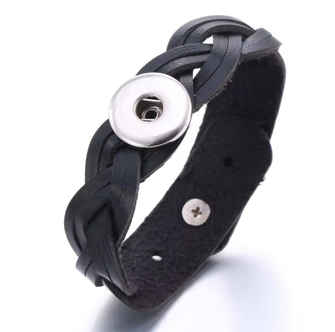 Armband zwart gevlochten clicks /buttons incl. 2 gratis buttons naar keuze