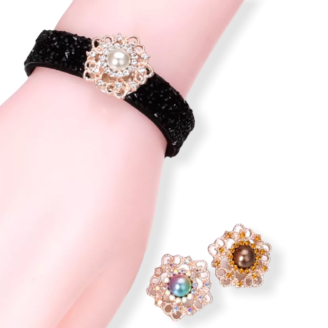 Armband zwart glossy clicks /buttons incl. 2 gratis buttons naar keuze