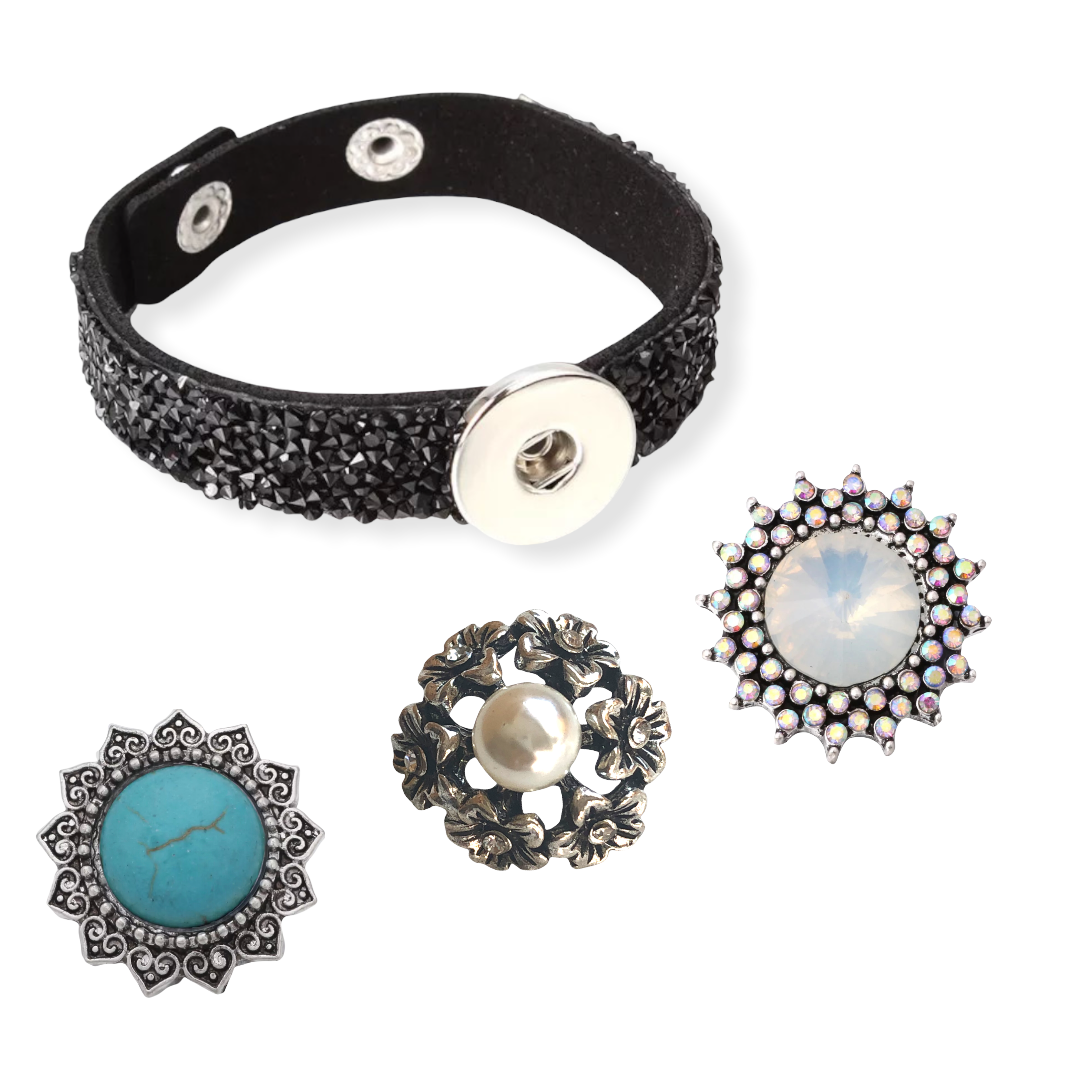 Armband zwart glossy clicks /buttons incl. 2 gratis buttons naar keuze