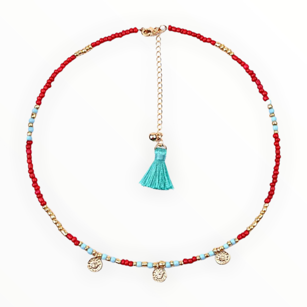 Boho facet glas beads gold-blue-red korte ketting met kraaltjes - halskettingen