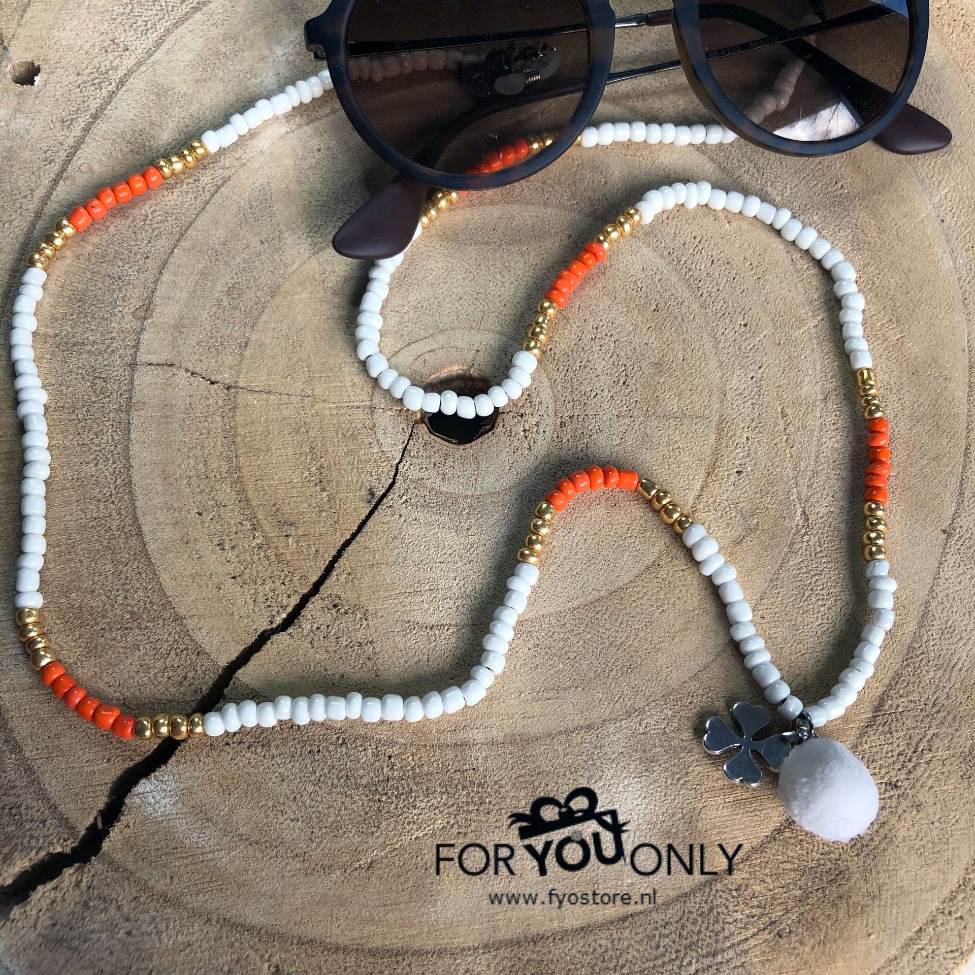 Brillenkoordje wit oranje goud