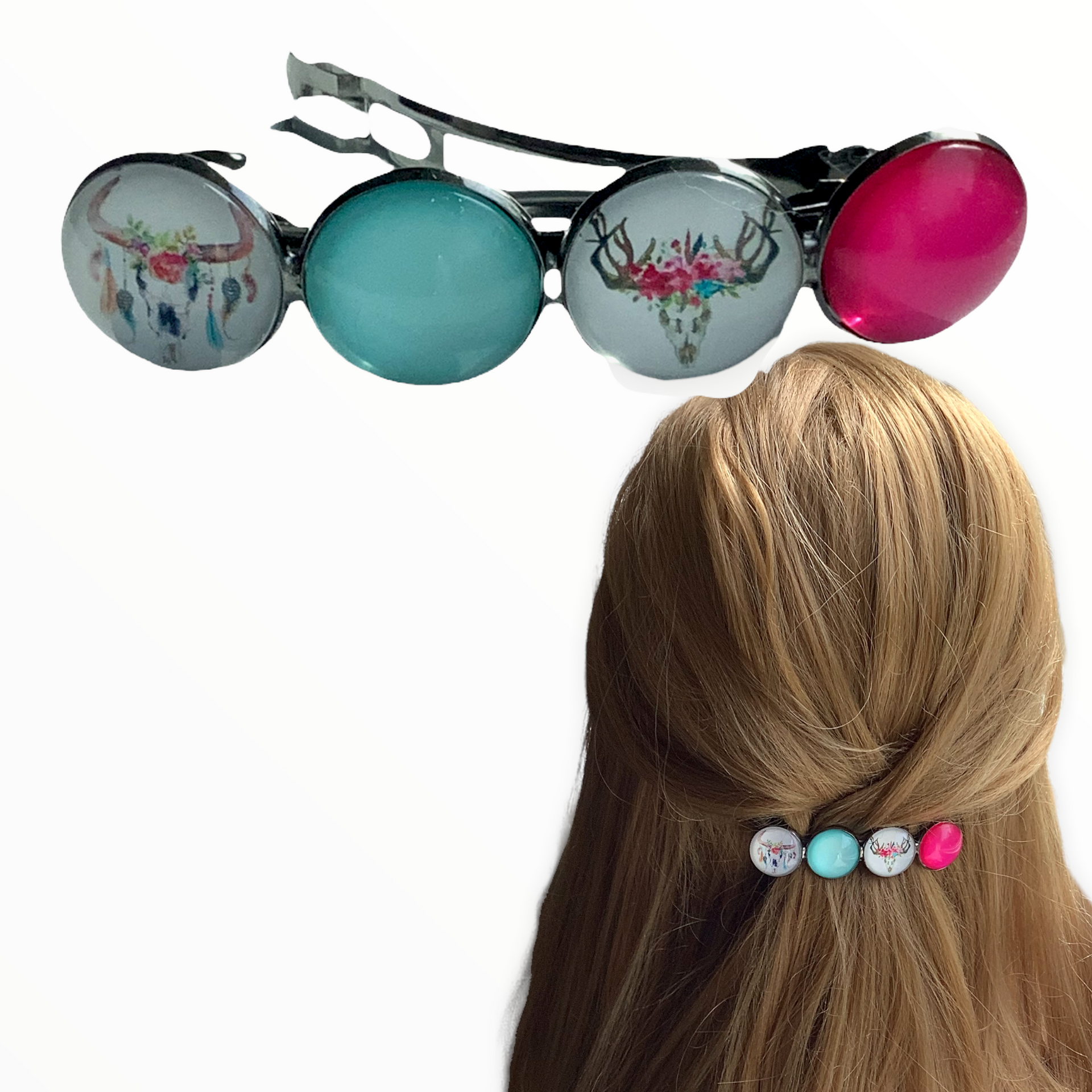 Color hairclip haarspeld boho roze turquoise ibiza xl - haarspelden