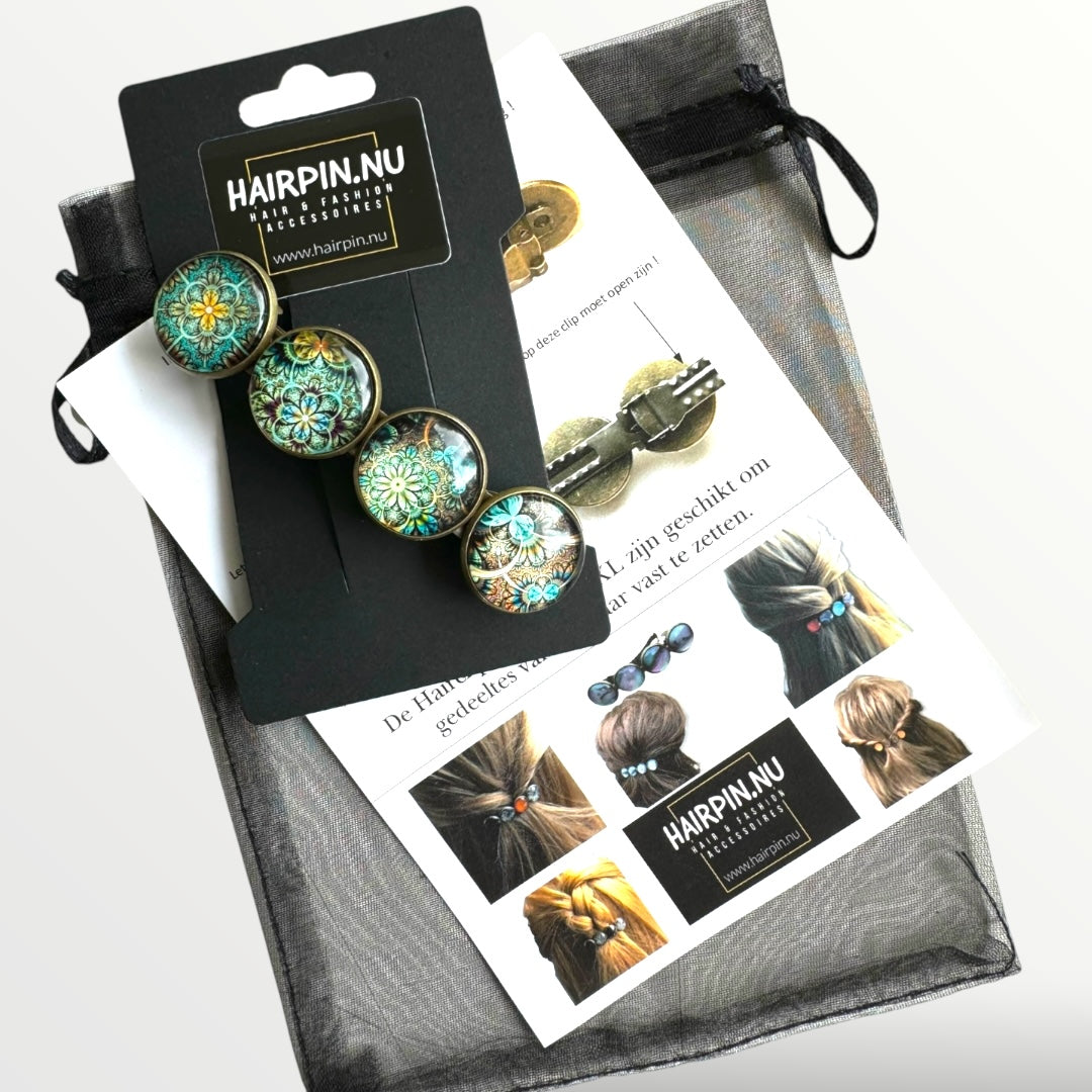 Color hairclip haarspeld bruin turquoise print xl - haarspelden