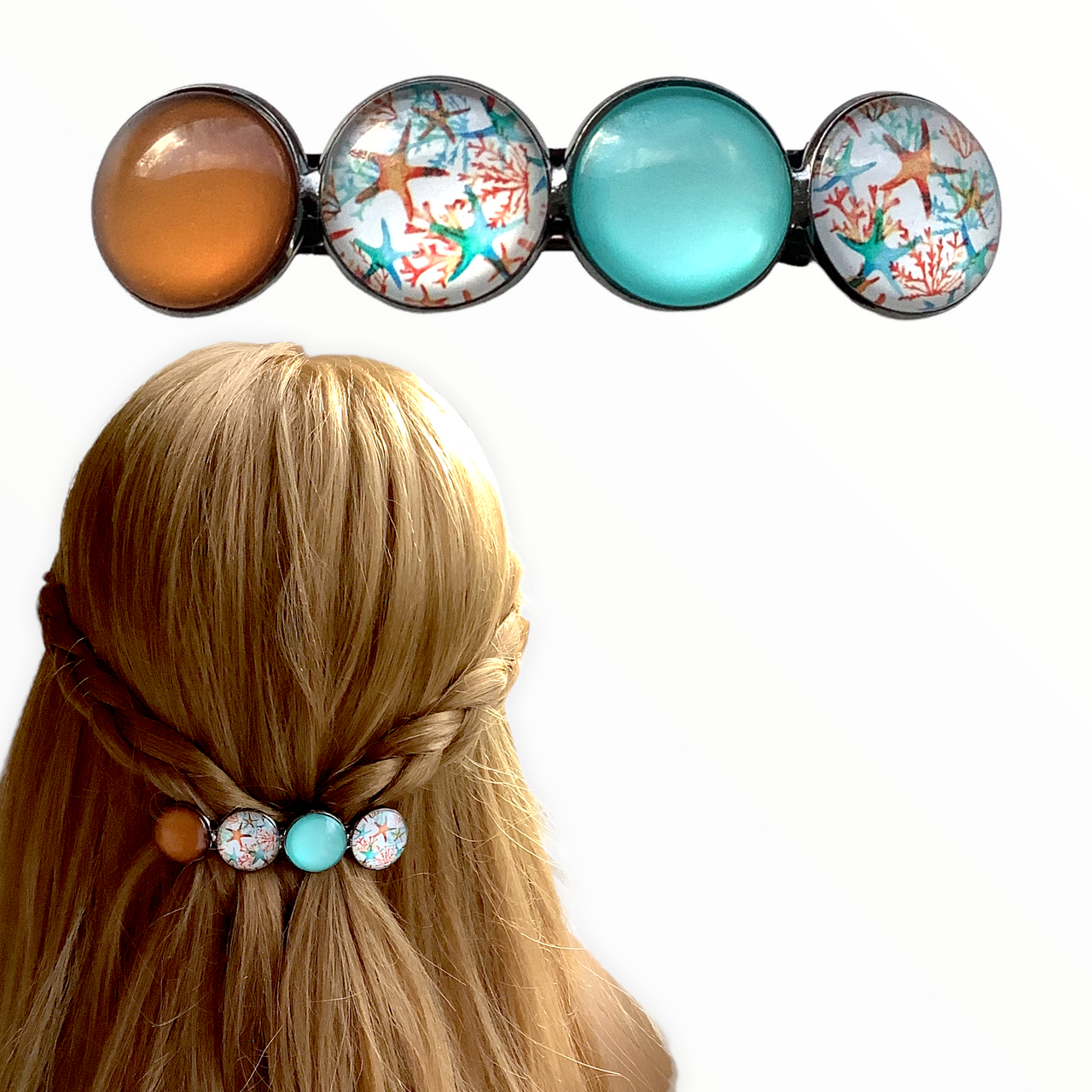 Color hairclip haarspeld ibiza style turquoise bruin print xl