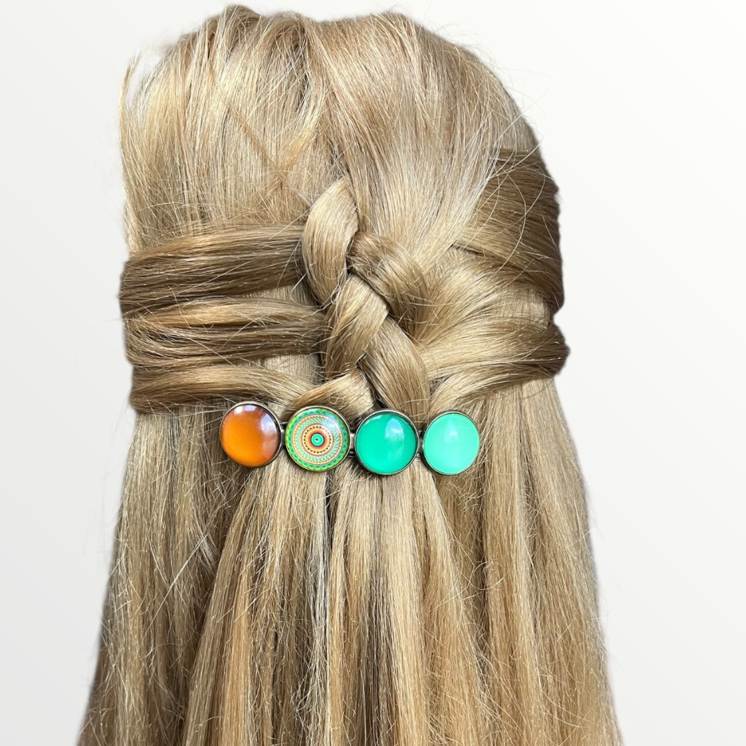 Color hairclip haarspeld mandala bohemian ibiza groen print xl - haarspelden