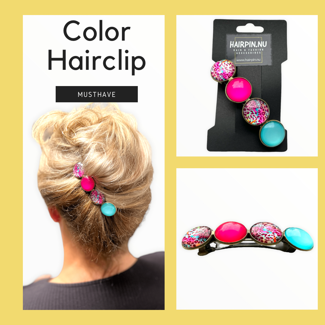 Color hairclip haarspeld roze turquoise print xl - haarspelden