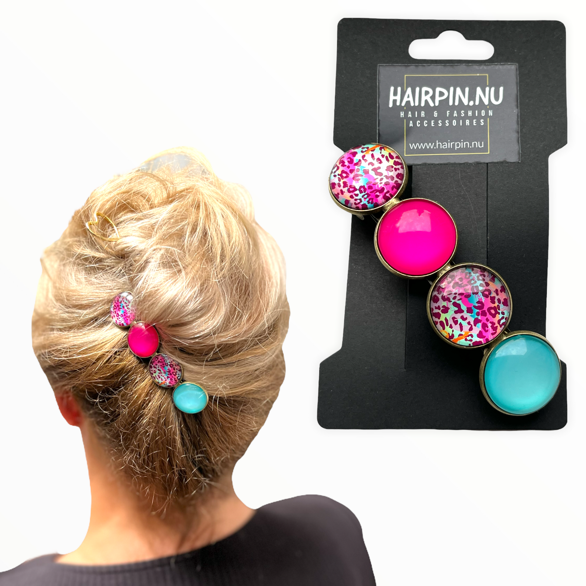 Color hairclip haarspeld roze turquoise print xl - haarspelden