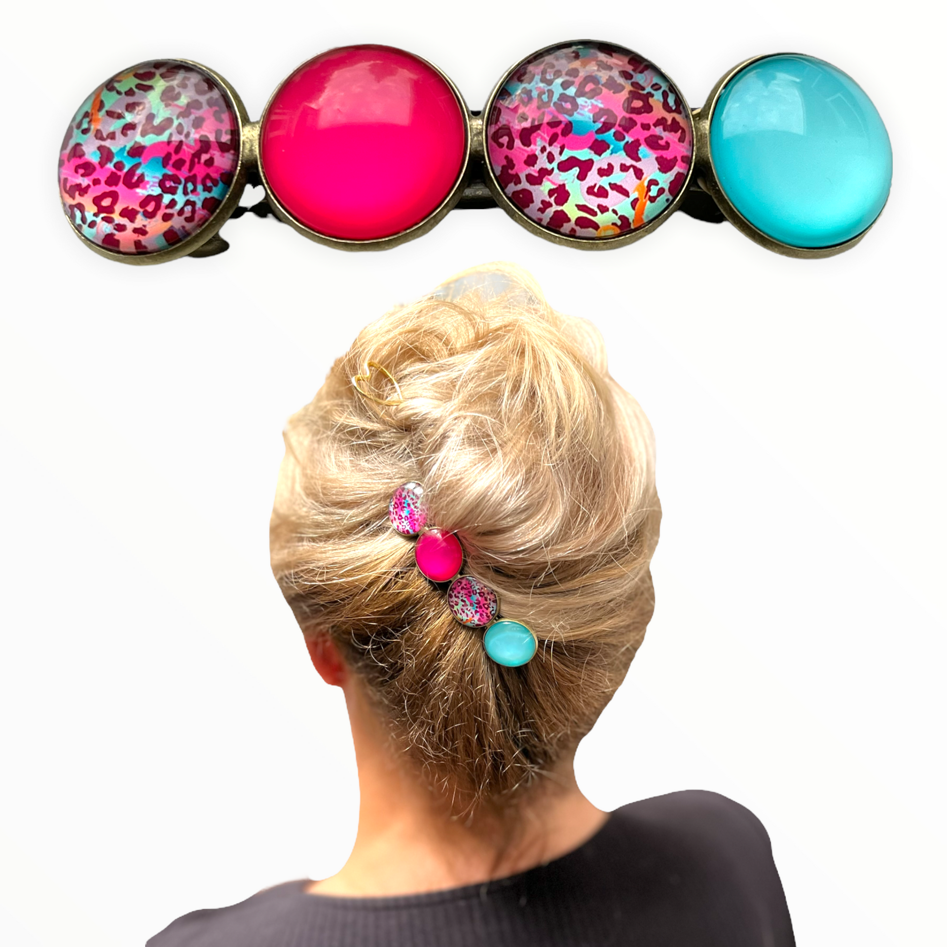 Color hairclip haarspeld roze turquoise print xl - haarspelden