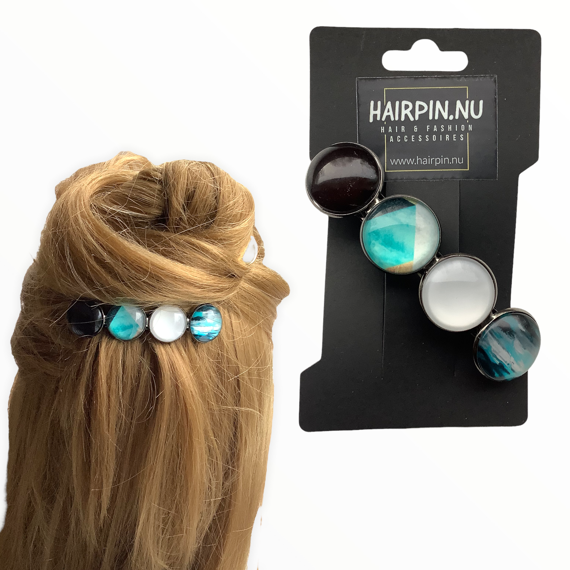 Color hairclip haarspeld zwart wit turquoise xl