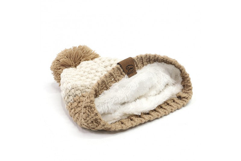 Creme combinatie warme gevoerde winter muts - muts