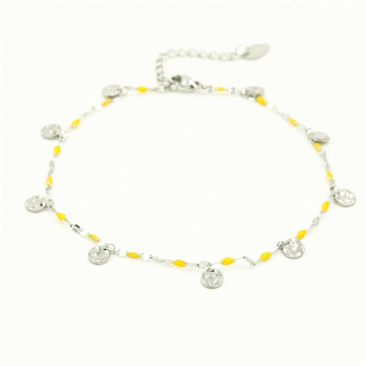 Enkelbandje met kleuren steentjes en muntjes leo motief - geel - enkelbandje