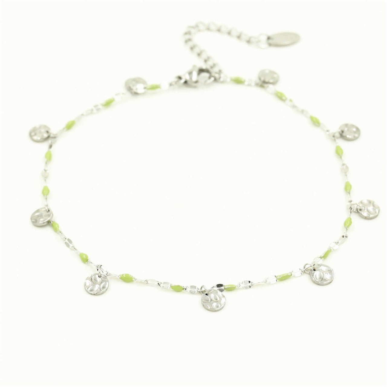 Enkelbandje met kleuren steentjes en muntjes leo motief - groen - enkelbandje