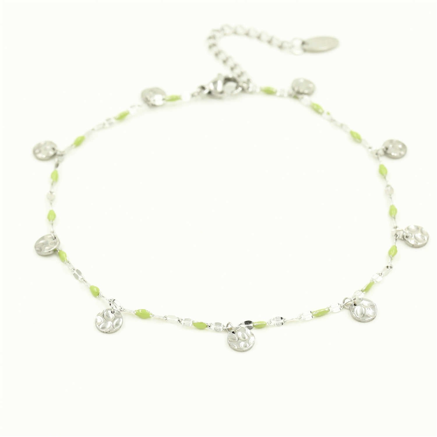 Enkelbandje met kleuren steentjes en muntjes leo motief - groen - enkelbandje